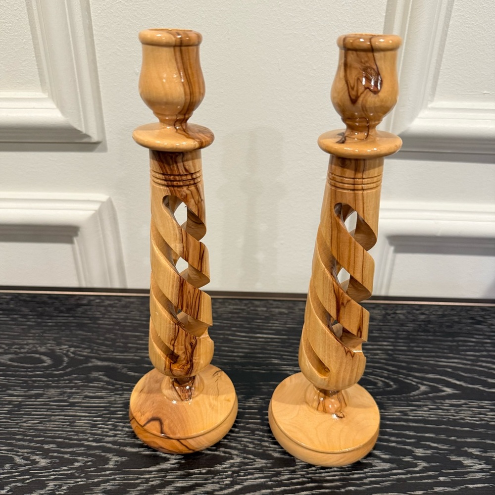 Candle Holders Bethlehem Olive Wood Spiral Hollow Twist Glazed Finish Set of 2